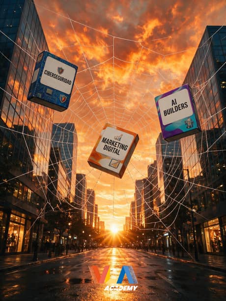 Los cursos como cajas físicas de software, con el logo real compuesto